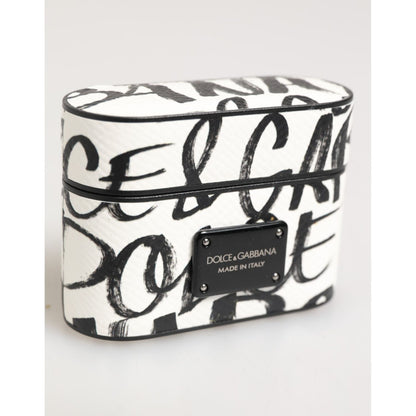Dolce & Gabbana Black White Leather Monogram Print Logo Holder Airpods Case