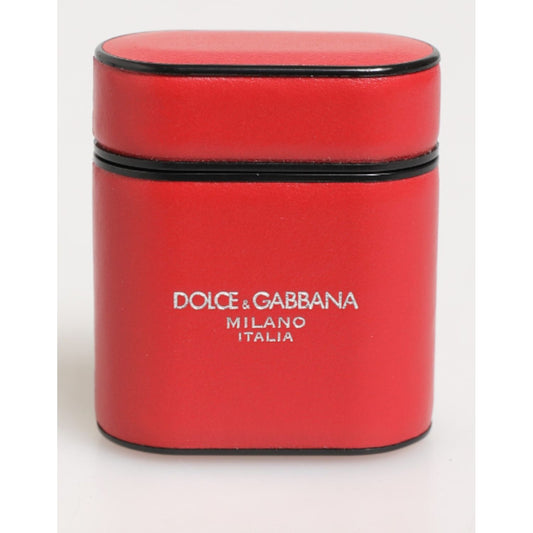 Dolce & Gabbana Red White Calfskin Leather Logo Flip Holder Airpods Case in premium red calfskin with logo print.