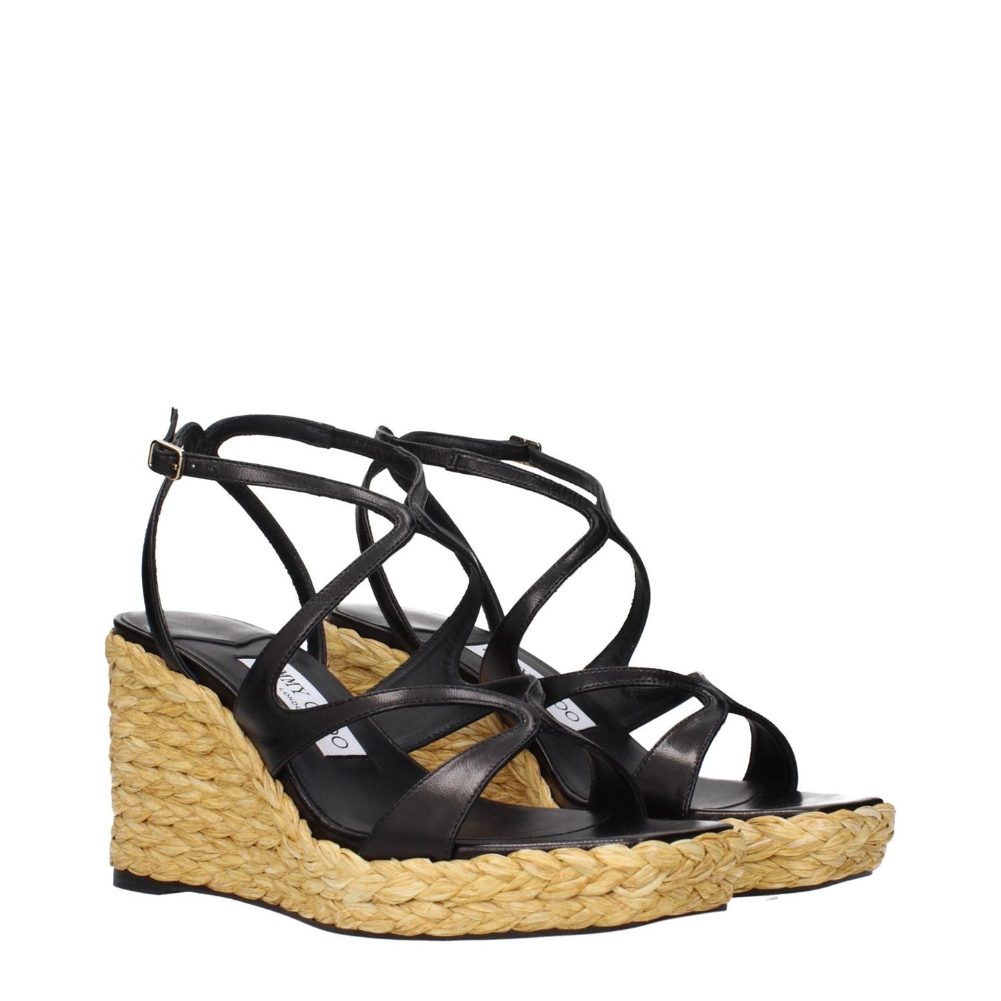 Jimmy Choo Black Leather Wedge Sandals with vintage effect and woven heel, MPN AYLA85CTQBLACK, code F84208.