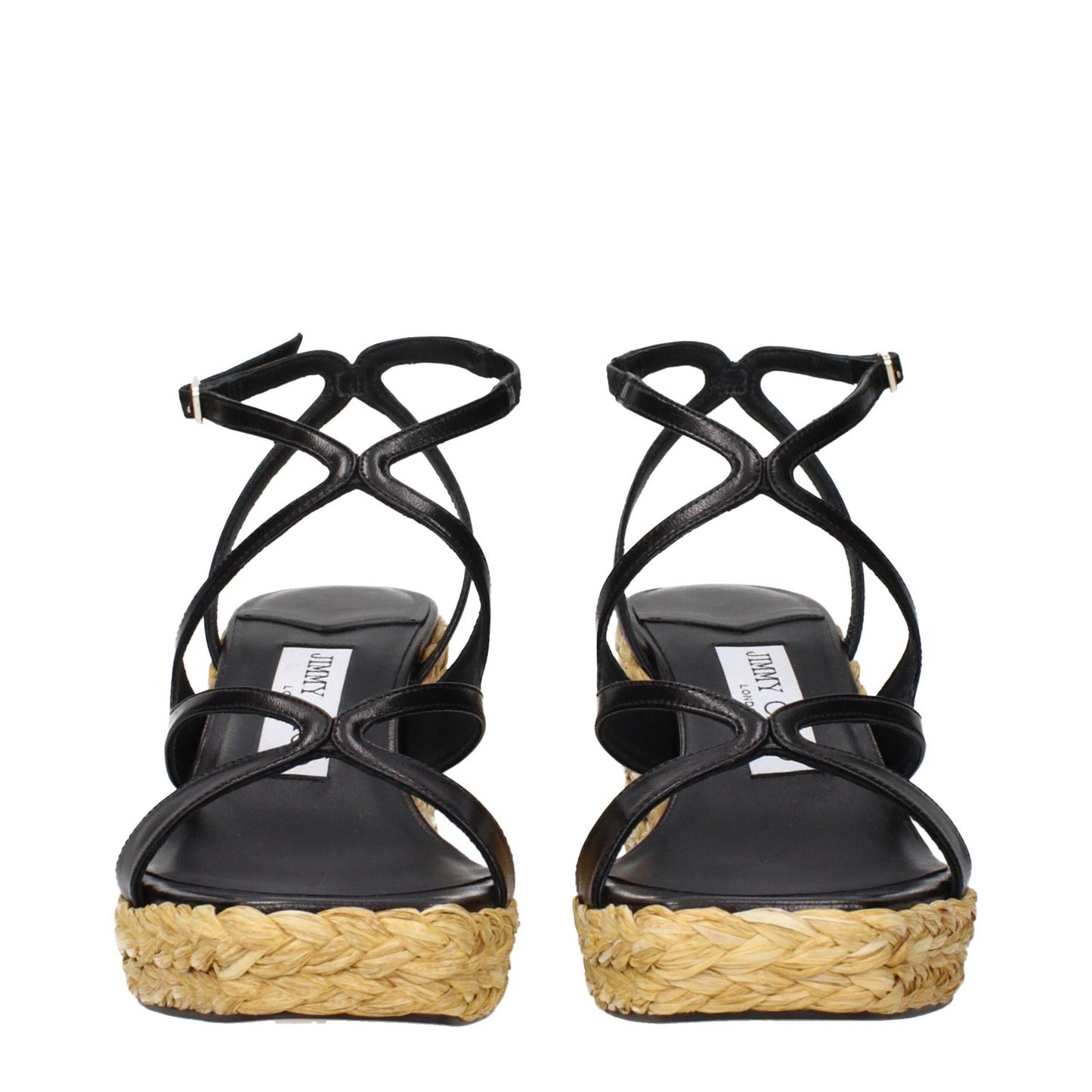 Front view of Jimmy Choo Black Leather Wedge Sandals with vintage effect, featuring woven platform detail and elegant design.
