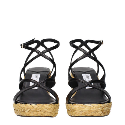 Front view of Jimmy Choo Black Leather Wedge Sandals with vintage effect, featuring woven platform detail and elegant design.