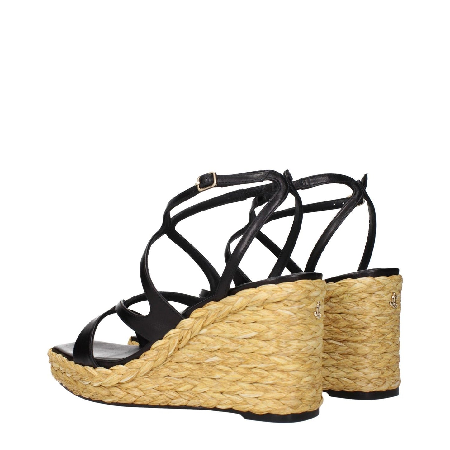 Jimmy Choo Black Leather Wedge Sandals with vintage effect and woven platform heel.