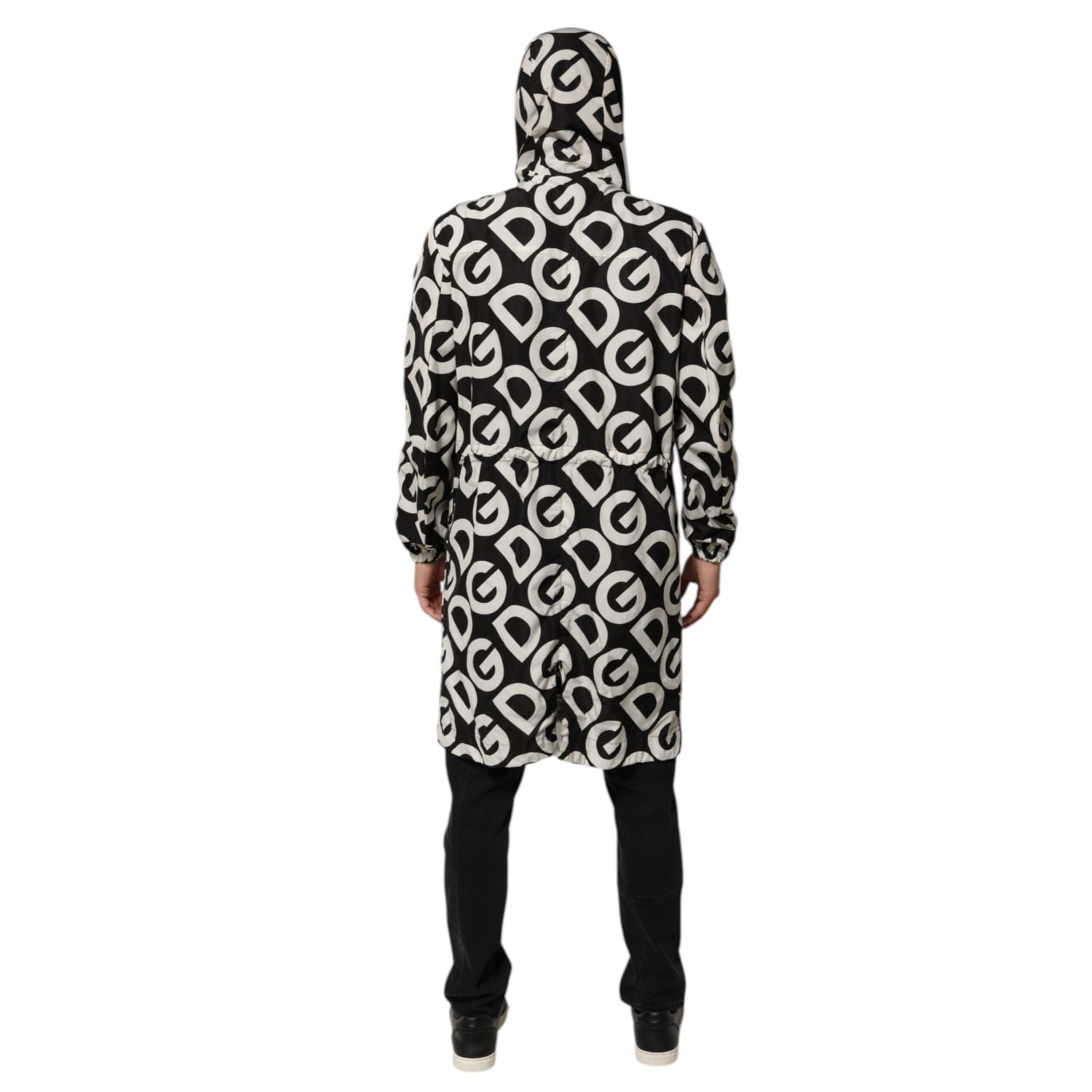 Dolce & Gabbana Black White Logo Print Hooded Coat Men Jacket