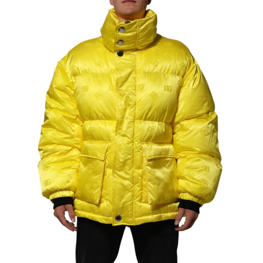 Dolce & Gabbana Yellow Nylon Logo Puffer Bomber Men Jacket with high collar and oversized pockets.