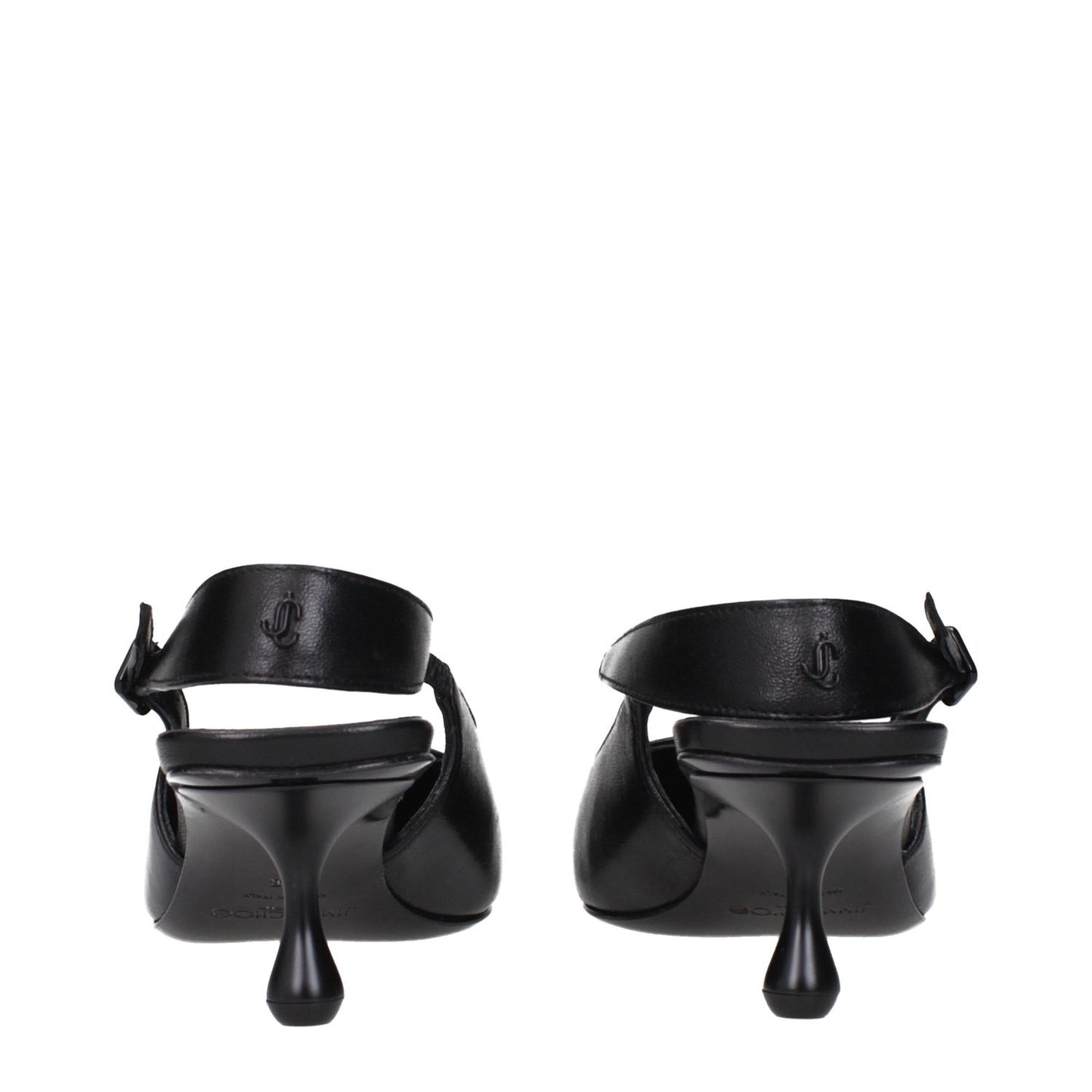 Back view of Jimmy Choo Black Leather Sandals featuring logo and unique heel design.