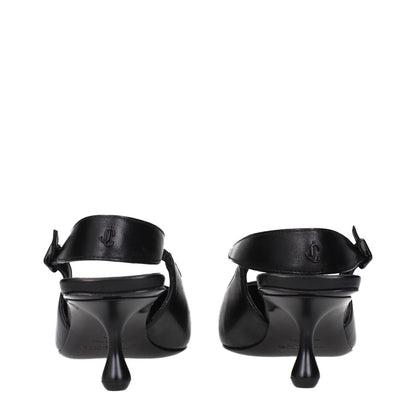 Back view of Jimmy Choo Black Leather Sandals featuring logo and unique heel design.