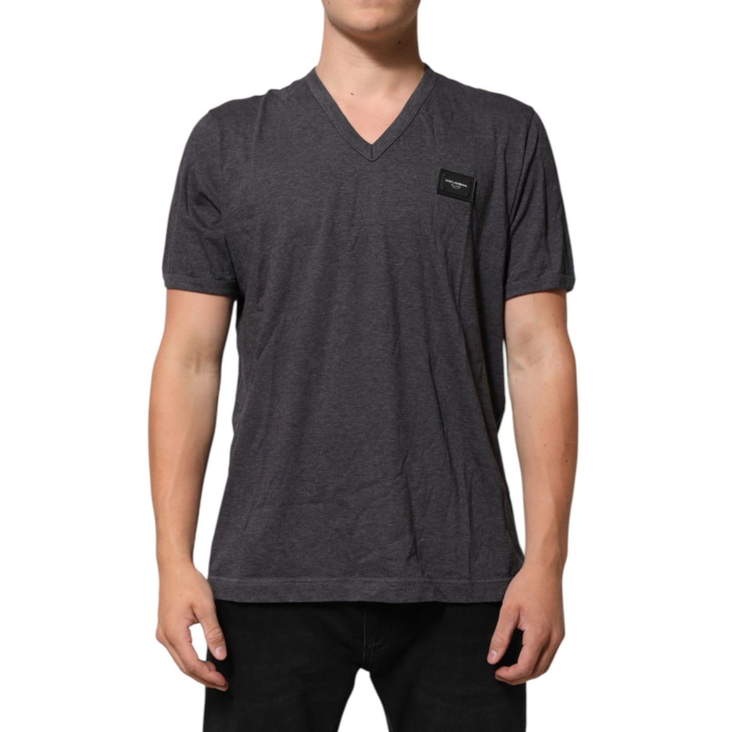 Dolce & Gabbana Grey Cotton V-Neck Logo Plaque Melange T-Shirt