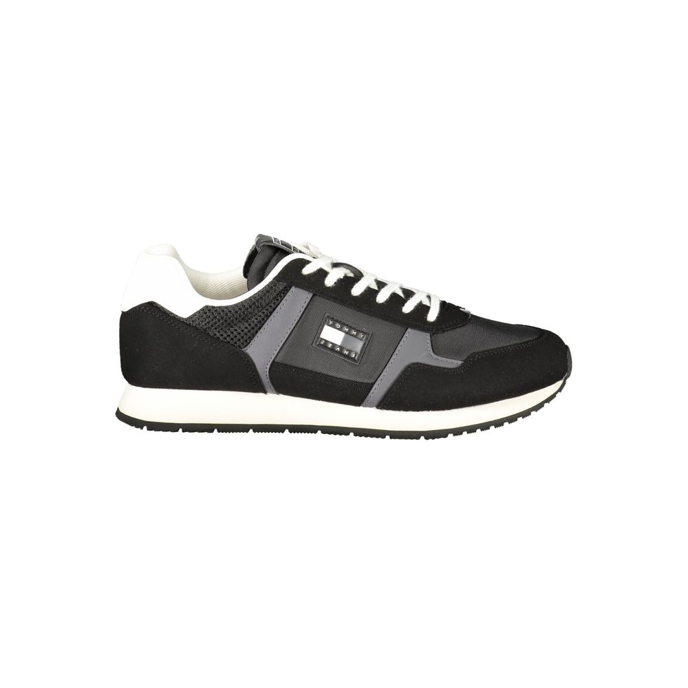 Tommy Hilfiger Black Polyester Men Sneaker with iconic logo and bold detailing for style and comfort.