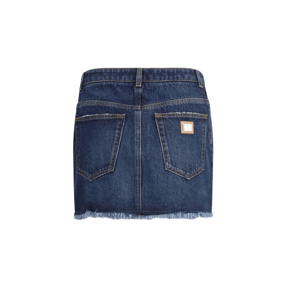 Dolce & Gabbana Blue Cotton Mini Skirt with frayed hem and back logo plaque