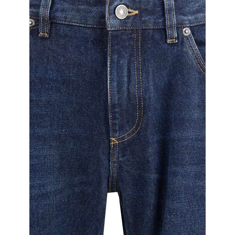 Dolce & Gabbana Blue Cotton Straight-Leg Jeans with classic 5-pocket design and logo plaque, showcasing timeless style, front view