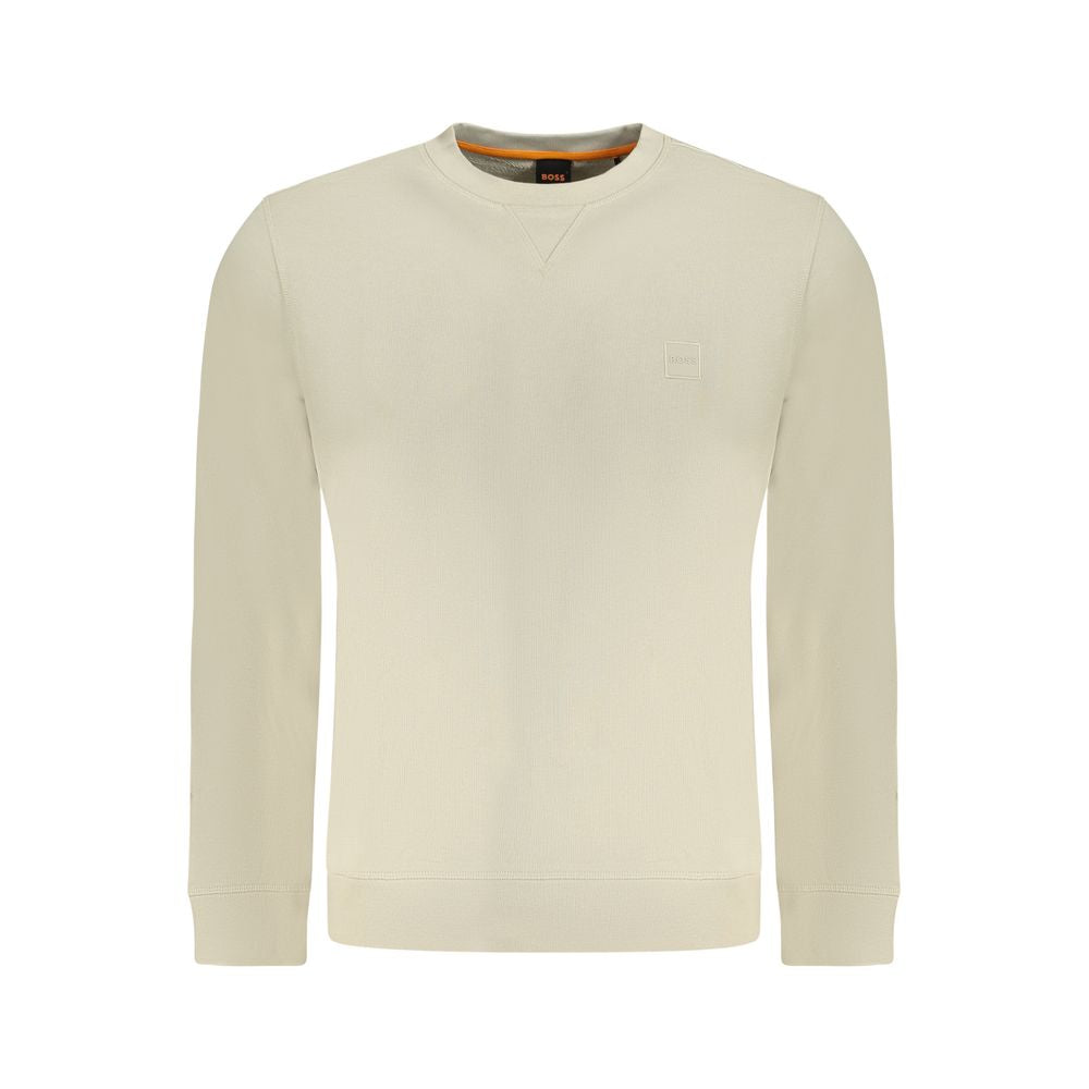 Hugo Boss Beige Cotton Men Sweater - long sleeve crew neck with embroidered signature logo, luxury fashion essential.