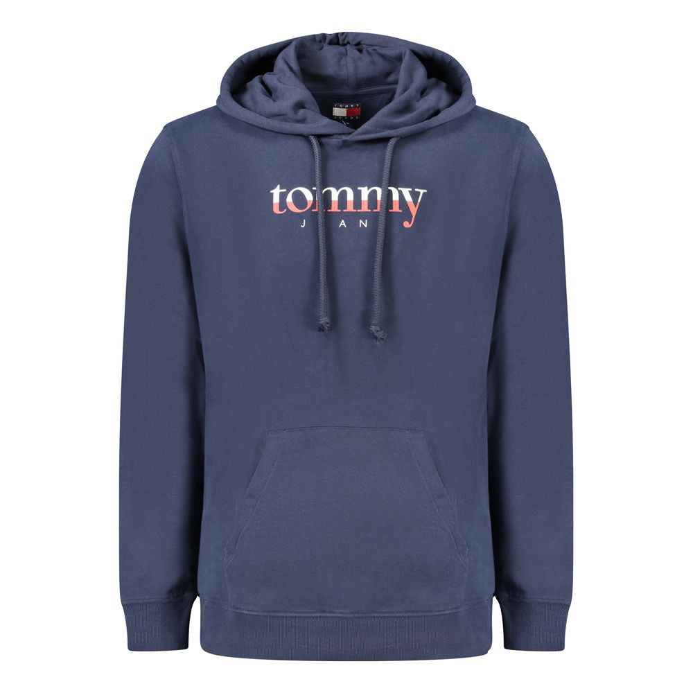 Tommy Hilfiger Blue Cotton Men Sweater with hood, central pocket, and logo, crafted from 95% regenerative cotton for eco-friendly comfort.