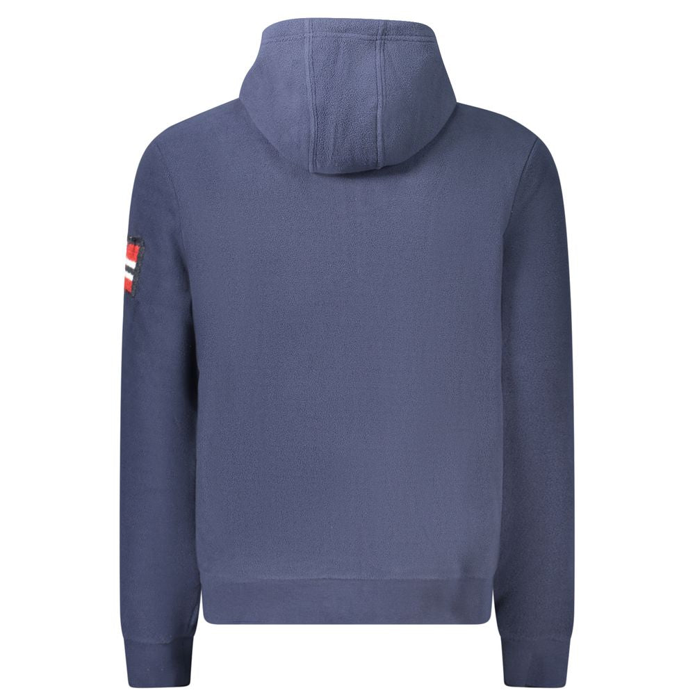 Back view of Norway 1963 Blue Polyester Men's Hooded Sweater with signature embroidery and hood.
