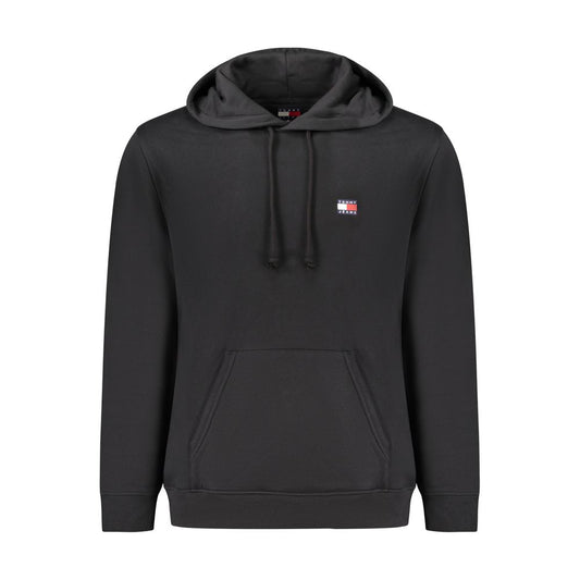 Tommy Hilfiger Black Cotton Men Sweater with hood and embroidered logo, featuring a central pocket for comfort and style.