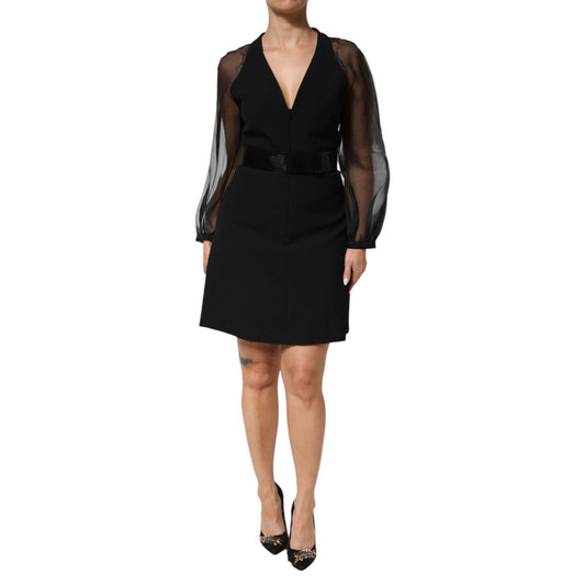 Emporio Armani Black Sheer Sleeve Belted V-Neck Mini Dress with long sleeves and elegant silhouette, perfect for special occasions.