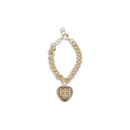 Valentino Garavani Gold Brass Bracelet with heart-shaped charm and VLogo, featuring openwork design and swivel lobster clasp.