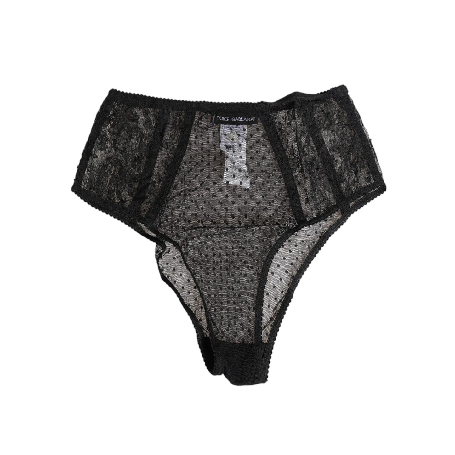 Dolce & Gabbana Black Lace Polka Dot Mesh High Waist Underwear, elegant Italian design, feminine silhouette, sheer high-waist panty.
