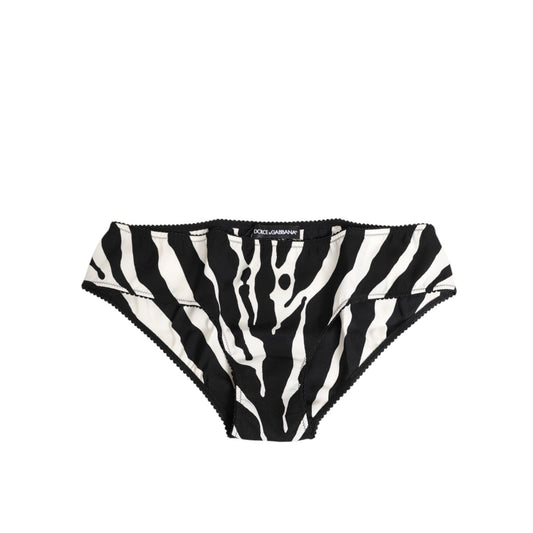 Dolce & Gabbana Black White Zebra Print Slip Briefs Underwear made of silk and elastane, featuring elegant zebra pattern and logo detail.