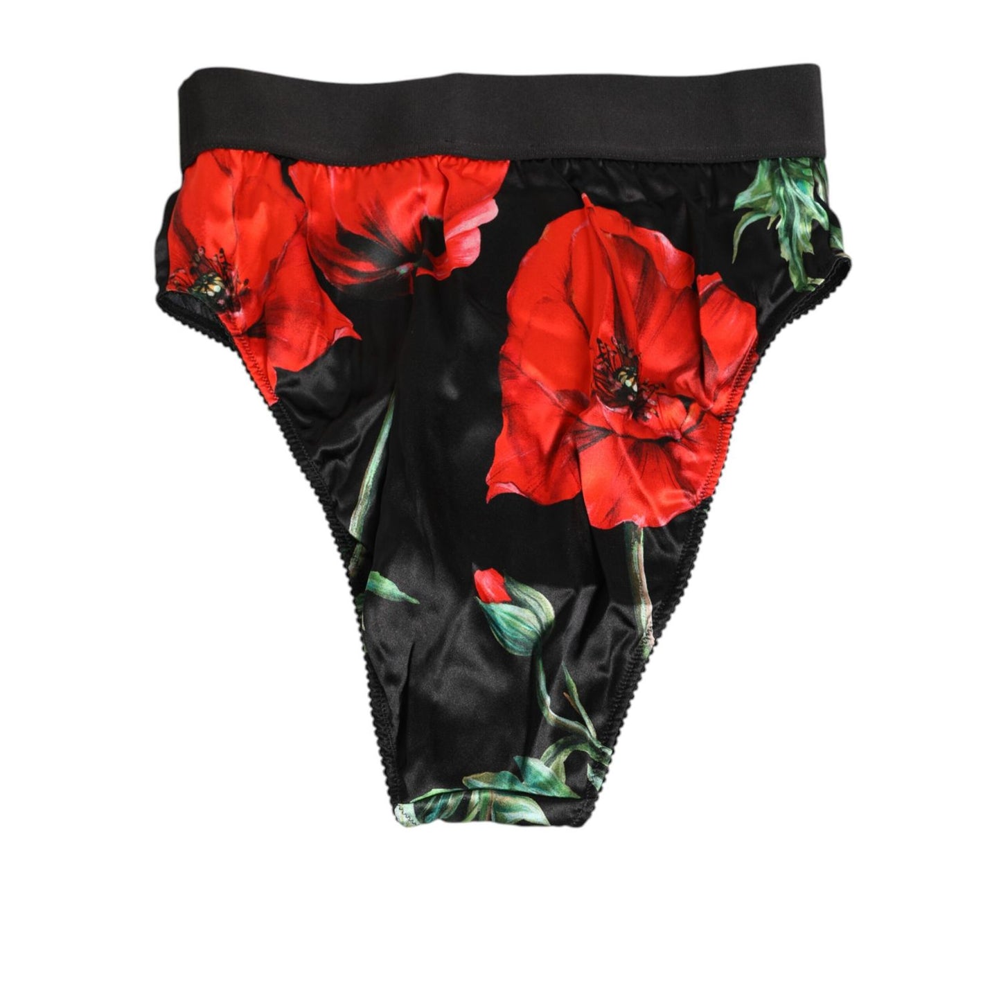 Dolce & Gabbana Black Floral Print High Waist Sheer Mesh Underwear with red poppy design and logo waistband.