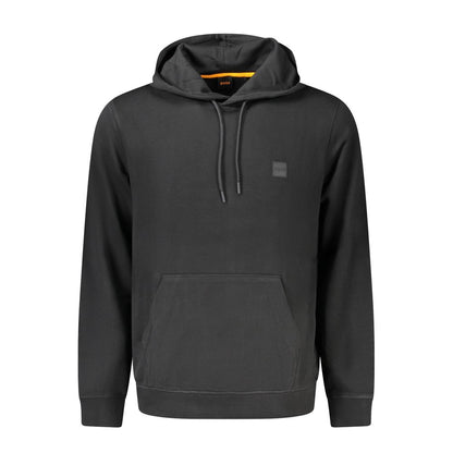 Hugo Boss Black Cotton Men Sweater with hood, featuring a central pocket and intricate embroidery, showcasing urban sophistication and comfort.