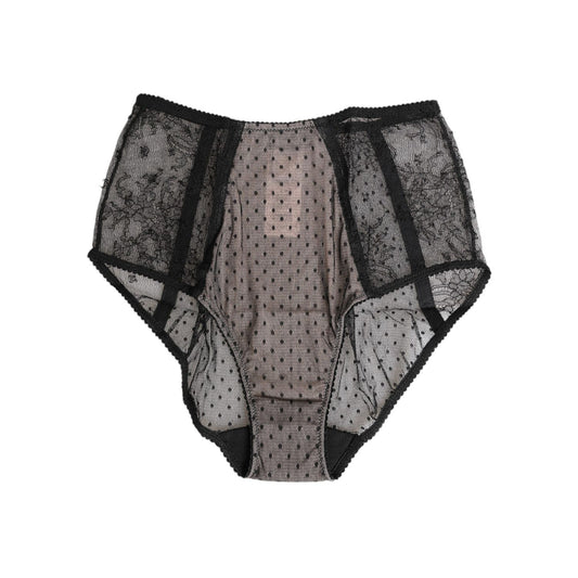 Dolce & Gabbana Black Sheer Polka Dot Lace High Waist Underwear, elegant Italian briefs with lace and mesh details.