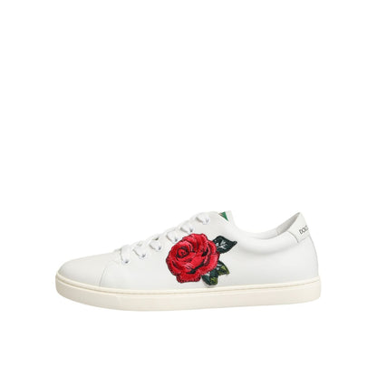 Dolce & Gabbana White Leather Rose Embroidery Low-Top  Shoes
