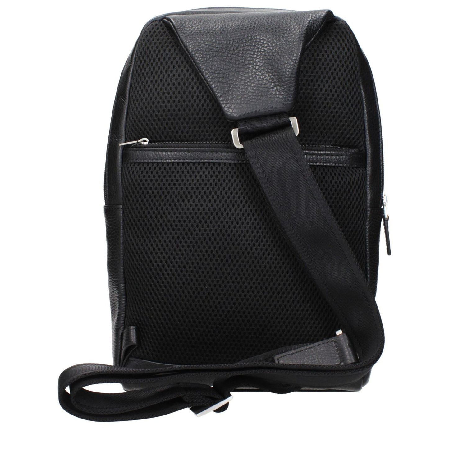 Back view of Piquadro Black Leather Crossbody Bag with adjustable straps and front logo.