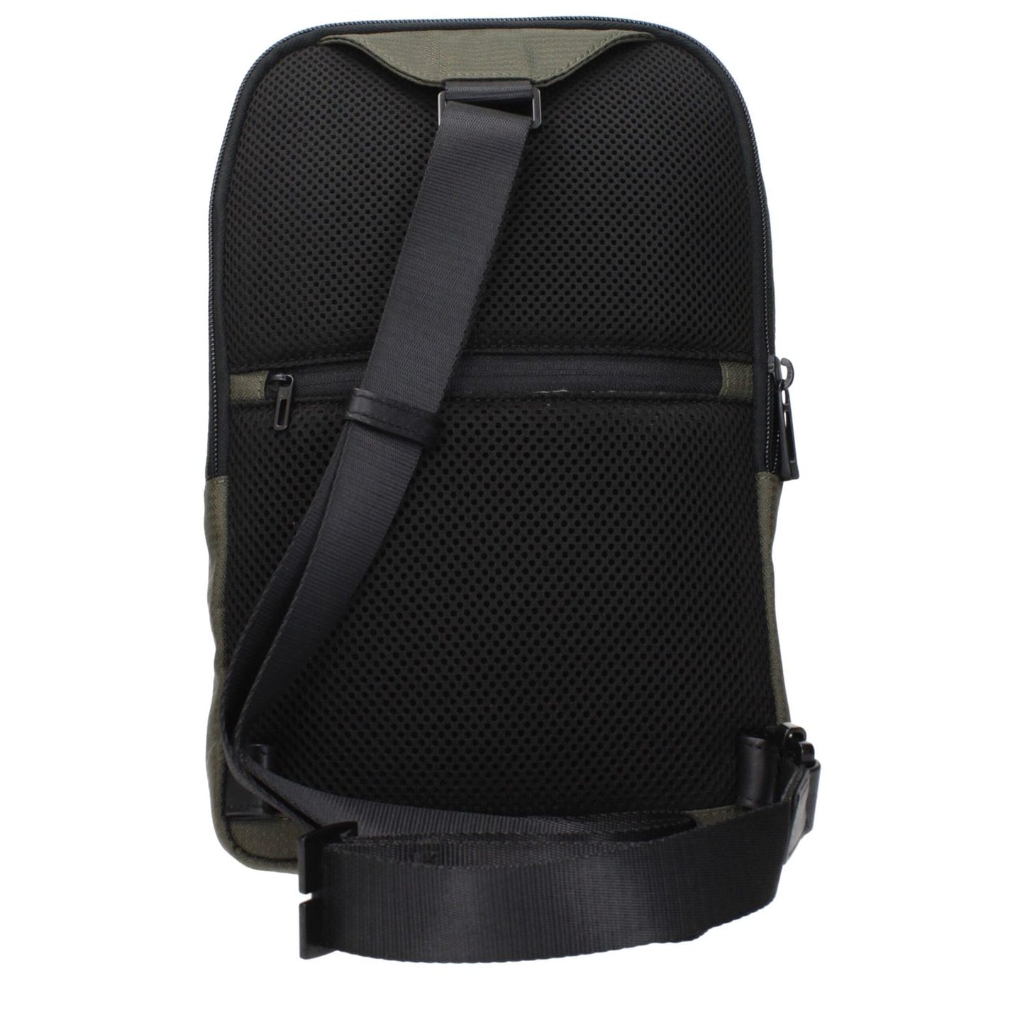 Image of Piquadro Green Fabric Crossbody Bag showing adjustable shoulder strap and back detailing.