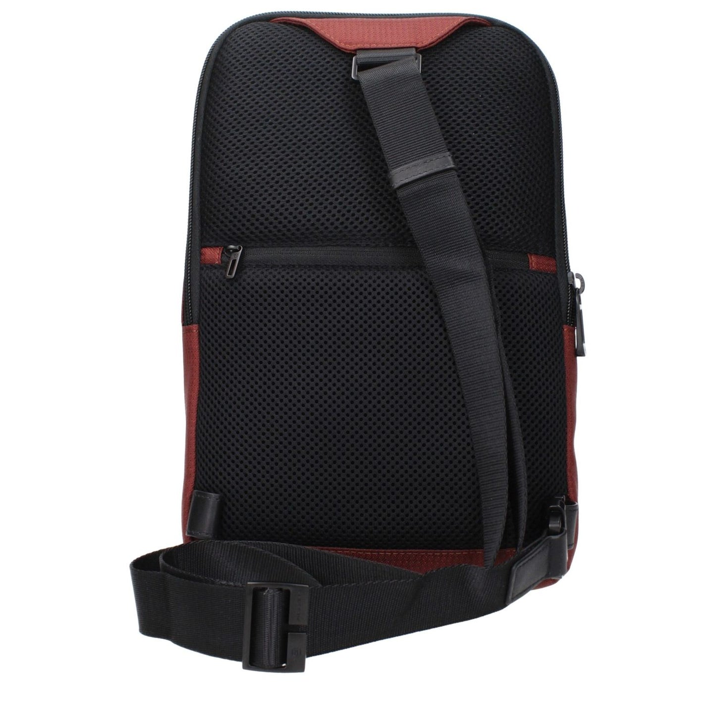 Back view of Piquadro Red Fabric Crossbody Bag showing adjustable shoulder strap and black mesh fabric