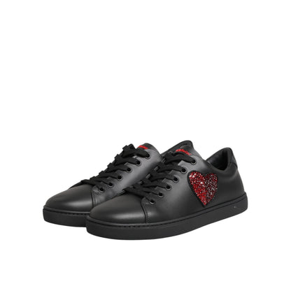 Dolce & Gabbana Black Leather Crystal Heart Low Top Sneakers Shoes