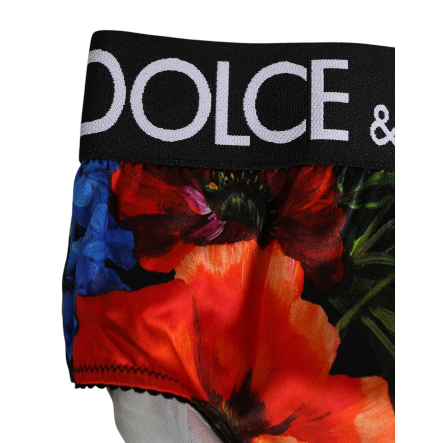 Dolce & Gabbana Multicolor Floral Print High Waist Panty Underwear with branded waistband, featuring vibrant floral design on black base.