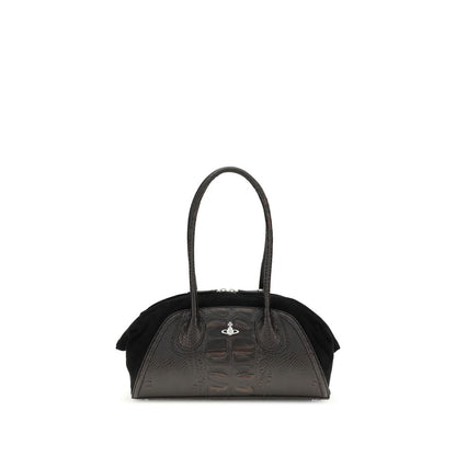 Vivienne Westwood Black Calf Leather Bos Taurus Shoulder Bag featuring crocodile-embossed leather and Orb metallic detail.