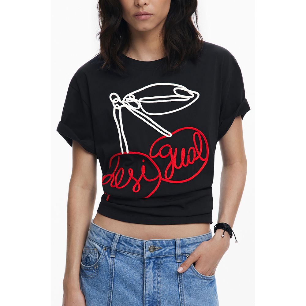 Desigual Black Cotton Women T-Shirt with chic embroidery detail featuring the Desigual logo in a stylish, trendsetting design.