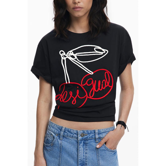 Desigual Black Cotton Women T-Shirt with chic red embroidery, short sleeves, logo design, perfect for casual wear. Soft cotton fabric.