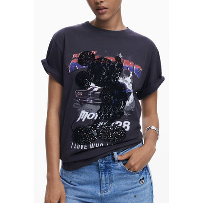 Desigual Black Cotton Women T-Shirt with Mickey Mouse sequin lace design, bold fashion statement.