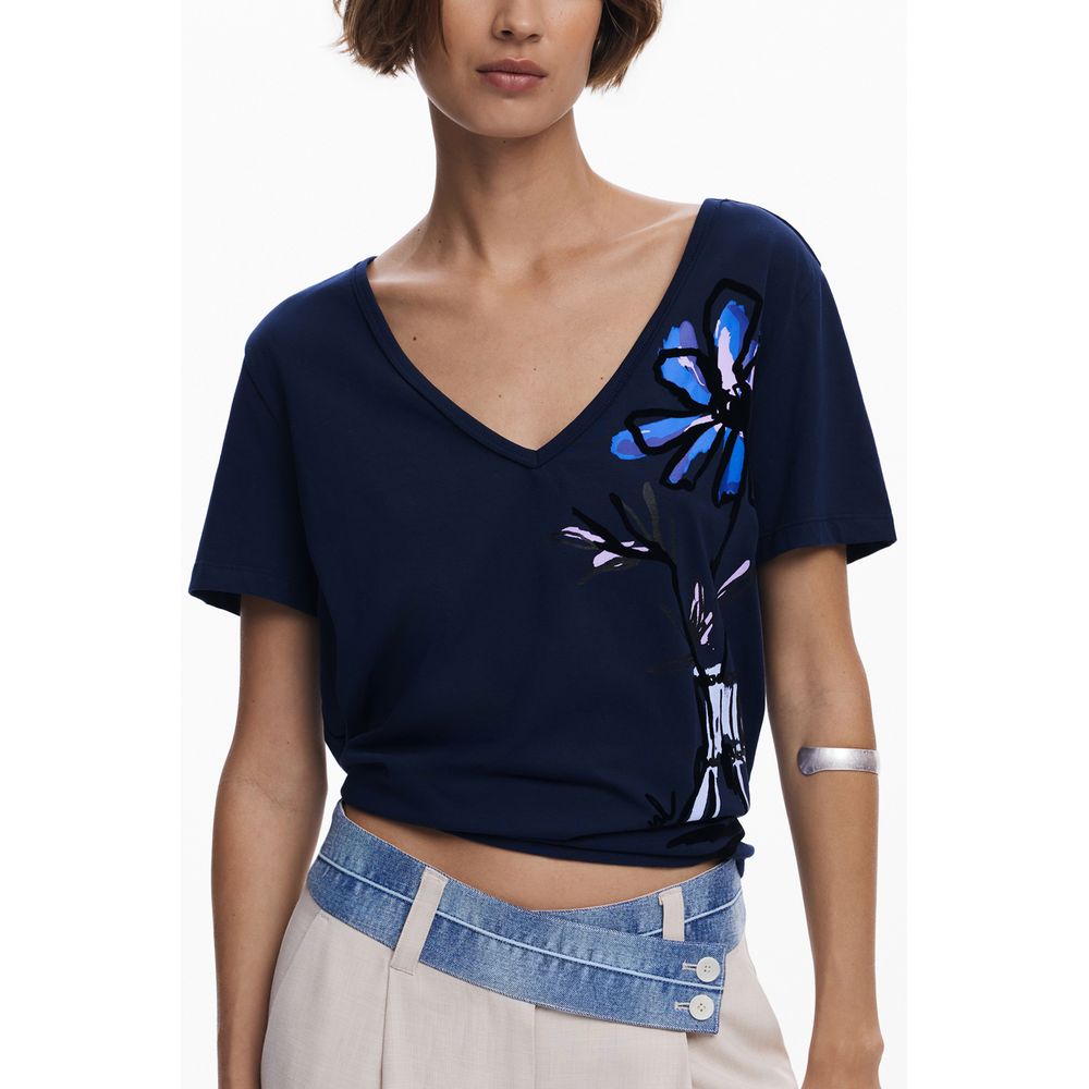 Desigual Blue Cotton Women T-Shirt with V-neck and floral print