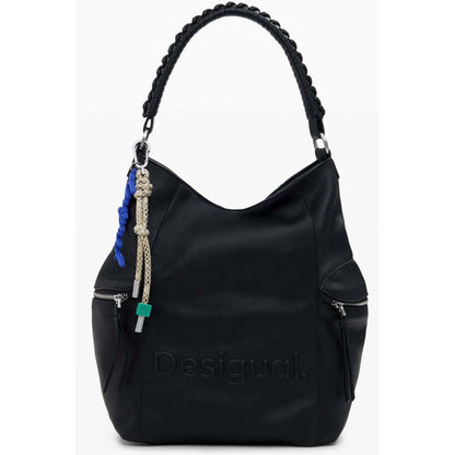 Desigual Black Polyethylene Women Backpack with one-shoulder handle and zippered pockets, featuring half Africa logo and bold design.