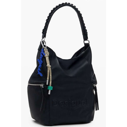 Desigual Black Polyethylene Women Backpack with unique one-shoulder handle and iconic half Africa logo, featuring side and back pockets.