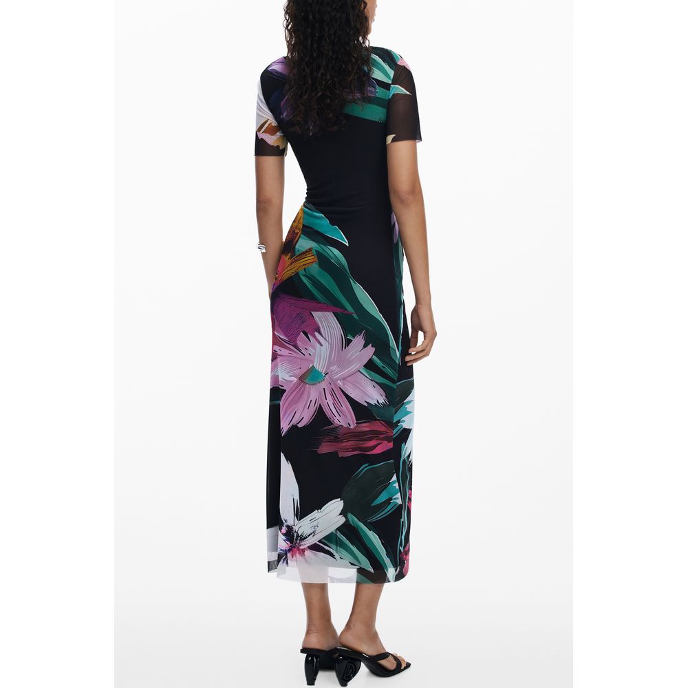 Rear view of a model wearing the Desigual Black Polyester Women Dress with floral patterns, highlighting its elegant design and short sleeves.