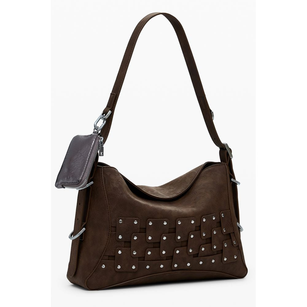 Desigual Brown Polyethylene Women Handbag with chic removable strap and coin purse, featuring eclectic design and magnetic closure for security.
