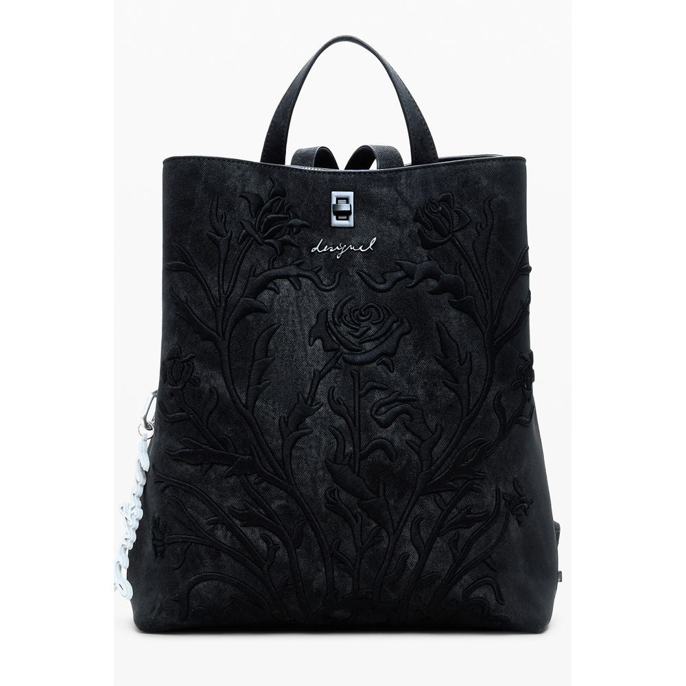 Alt Tag: Desigual Black Polyethylene Women Backpack with floral embroidery and multiple compartments, ideal for fashion-forward organization.