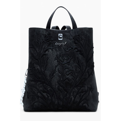 Alt Tag: Desigual Black Polyethylene Women Backpack with floral embroidery and multiple compartments, ideal for fashion-forward organization.