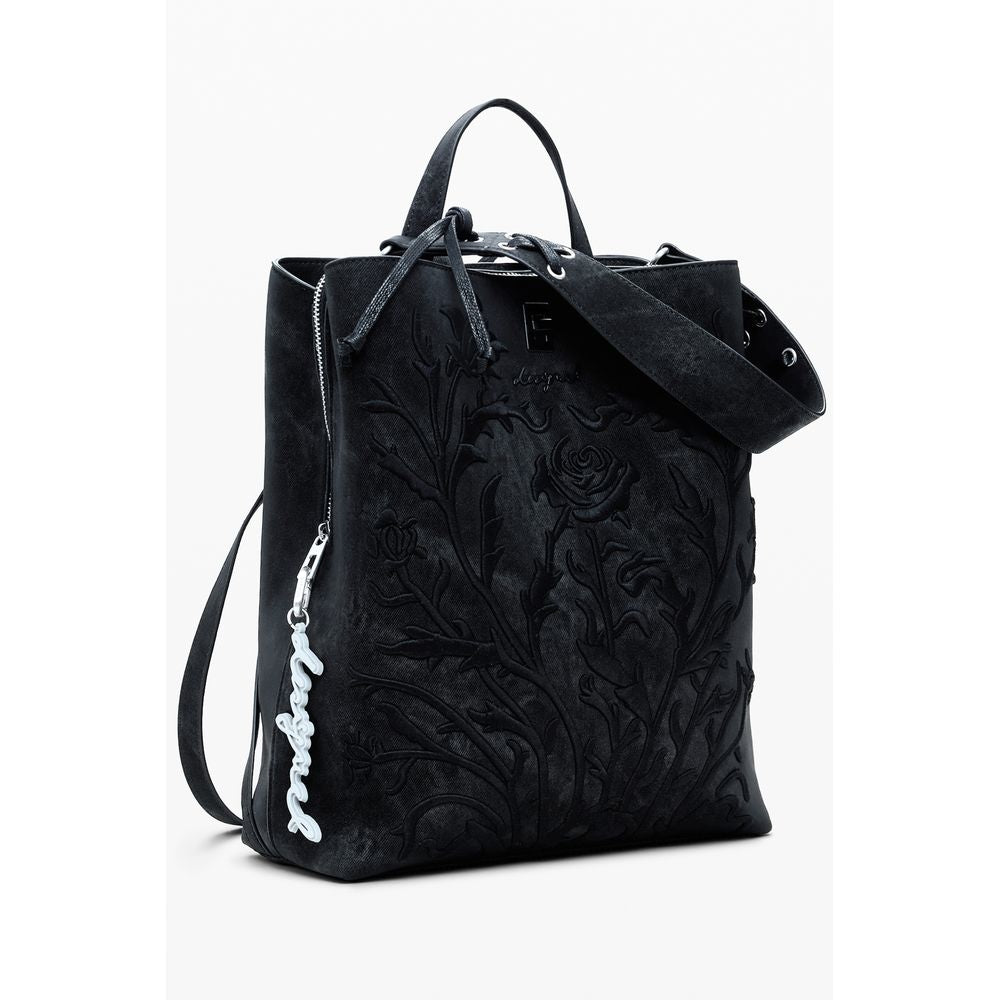 Desigual Black Polyethylene Women Backpack with floral embroidery and adjustable straps for unique style and practicality.