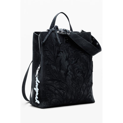 Desigual Black Polyethylene Women Backpack with floral embroidery and adjustable straps for unique style and practicality.
