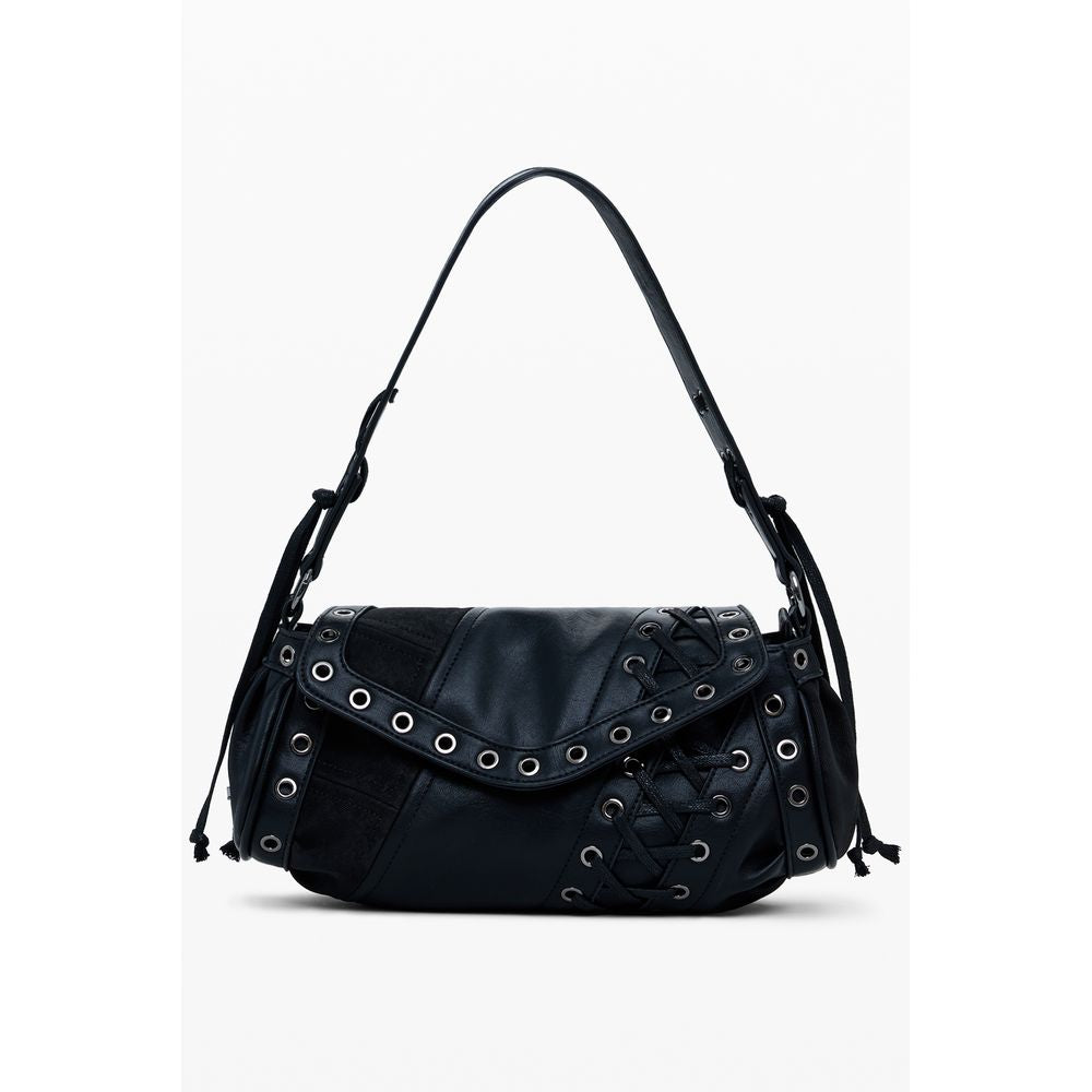 Desigual Black Polyethylene Women Handbag with removable shoulder handle and adjustable strap on white background.
