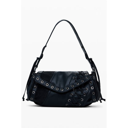 Desigual Black Polyethylene Women Handbag with removable shoulder handle and adjustable strap on white background.