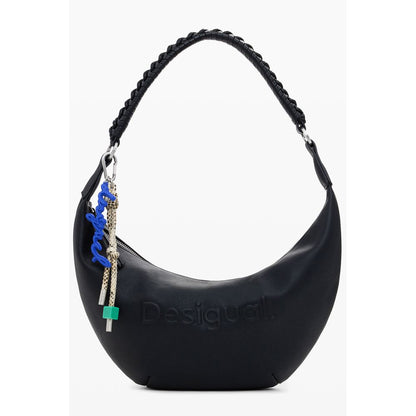 Desigual Black Polyethylene Women Handbag with relief print logo, removable handle, and adjustable straps for versatile style and convenience.