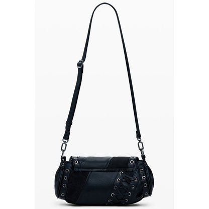 Desigual Black Polyethylene Women Handbag with straps and decorative lacing detailing, featuring versatile carrying options.