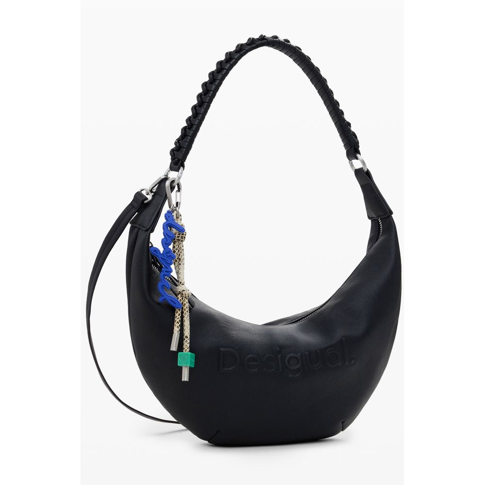 Desigual Black Polyethylene Women Handbag with removable handle and adjustable straps, featuring unique relief print logo.
