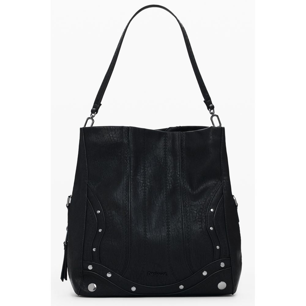 Desigual Black Polyethylene Women Handbag with embroidery and adjustable strap, showcasing unique style and practicality.
